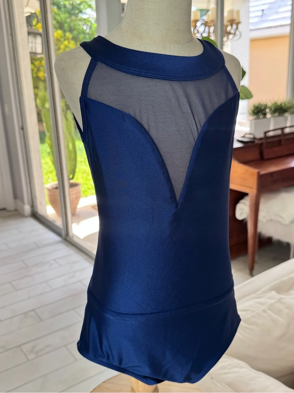 Navy Mesh Accent High Neck Dance Leotard (Girls Size 12)